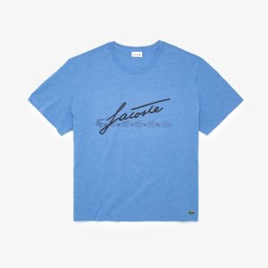 Lacoste Big Fit Signature Print T-Shirt Blue Chine | BHKY-27519