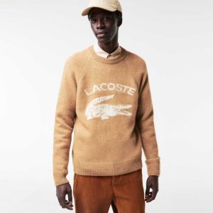 Lacoste Branded Contrast Crocodile Blend Alpaca Sweater Beige / White | BQAF-74903