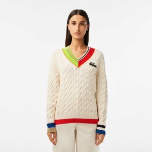 Lacoste Cable Knit Color Twist V-Neck Sweater White | GNWK-82750