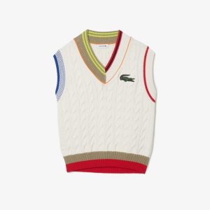 Lacoste Cable Knit Sweater Vest White | SGWR-82354