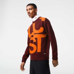 Lacoste Classic Fit Contrast Lettering Wool Sweater Bordeaux / Orange | PIXA-14906