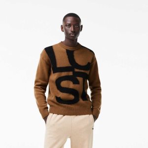 Lacoste Classic Fit Contrast Lettering Wool Sweater Brown / Black | UJYK-81607