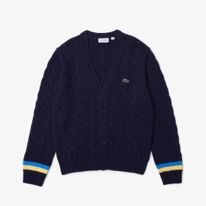 Lacoste Classic Fit Contrast Striped Cardigan Navy Blue / Yellow / Blue | LEXD-35402