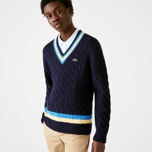 Lacoste Classic Fit Contrast Striped Wool Sweater Navy Blue / Yellow / Blue | CDUX-21673