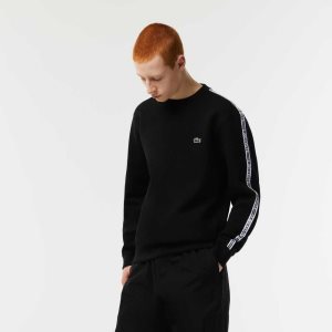 Lacoste Classic Fit Logo Stripe Flannel Sweatshirt Black | HPTY-43692