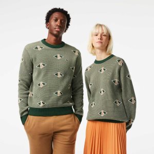 Lacoste Classic Fit Monogram Pattern Sweater Green / Beige / White | WMTZ-50426