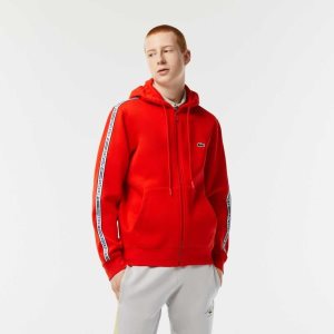Lacoste Classic Fit Zipped Hoodie with Brand Stripes Red | OZLN-46182
