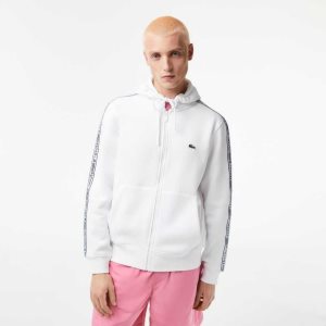 Lacoste Classic Fit Zipped Hoodie with Brand Stripes White | YMUP-21607