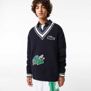 Lacoste Comic Badge Sweater Navy Blue / White | JUSE-05327