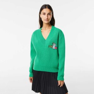 Lacoste Comic Badge V-Neck Wool Sweater Green | KTPM-63189