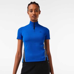 Lacoste Contrast Bands Zip Neck Polo Blue | YHTM-57906