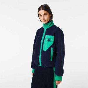 Lacoste Contrast Print Sherpa Fleece Jacket Navy Blue / Green | CZNO-72908
