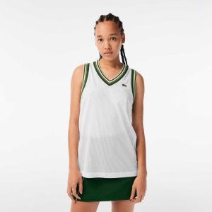 Lacoste Contrast V Neck Tank Top White | FCMV-50216