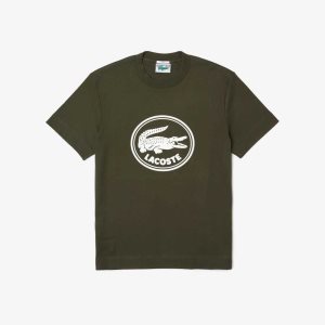 Lacoste Crew Neck 3D Printed logo Cotton T-Shirt Khaki Green | KMSX-86721