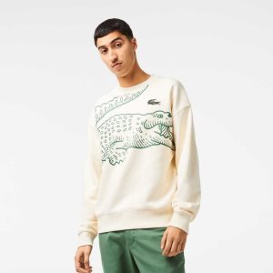 Lacoste Crew Neck Loose Fit Croc Print Sweatshirt White | ZGWM-09814