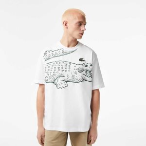 Lacoste Crew Neck Loose Fit Crocodile Print T-Shirt White | WAUP-84725