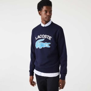 Lacoste Crocodile Print Crew Neck Sweatshirt Navy Blue | IHBF-43062