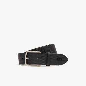 Lacoste Engraved Buckle Texturised Leather Belt Black | CUME-01643