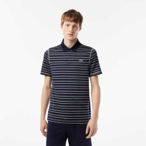 Lacoste Golf Recycled Polyester Stripe Polo Navy Blue / Light Green / White / Beige | ZQRN-45876