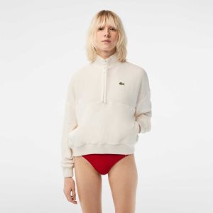 Lacoste High-Neck Terry Cloth Half Zip Sweatshirt White | YERW-92748