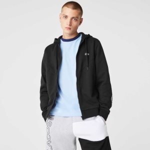 Lacoste Hooded Colorblock Lettered Fleece Zip Sweatshirt Black | CPLJ-97621