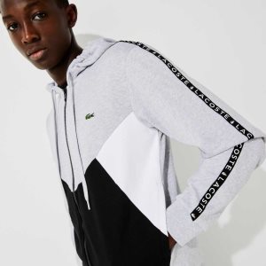 Lacoste Hooded Colorblock Lettered Fleece Zip Sweatshirt Grey Chine / Black / White | DWZX-20468
