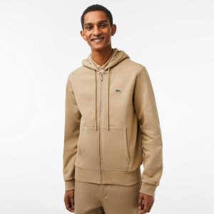 Lacoste Kangaroo Pocket Fleece Zipped Sweatshirt Beige | IFRM-85612