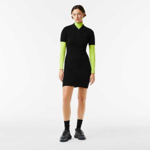 Lacoste Knit Details Front Zip Dress Black | QKOT-82590