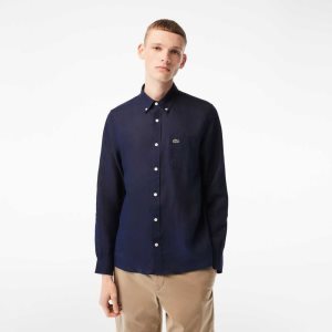 Lacoste Linen Shirt Navy Blue | JDKS-79580