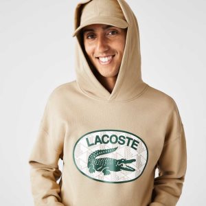 Lacoste Loose Fit Branded Monogram Hooded Sweatshirt Beige | LKRJ-42138