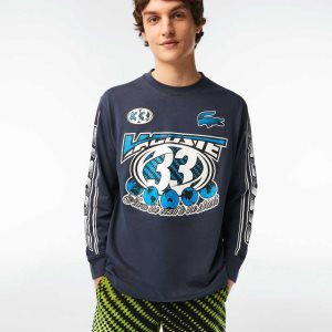 Lacoste Loose Fit Long Sleeve Printed T-Shirt Blue | WYCD-24617