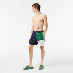 Lacoste Recycled Polyester Colorblock Swim Trunks Navy Blue / Green / White | KTIQ-54039