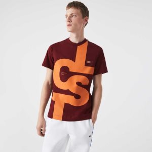 Lacoste Regular Fit Contrast Lettering Cotton T-Shirt Bordeaux | EDHY-04738