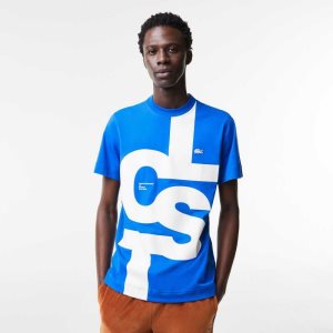 Lacoste Regular Fit Contrast Lettering Cotton T-Shirt Blue | EMTX-87509