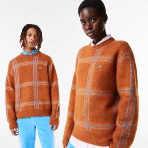 Lacoste Relaxed Fit Tartan Pattern Wool Blend Sweater Brown / Blue / Orange | JSMG-56832