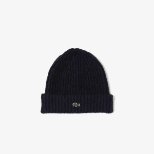 Lacoste Ribbed Knit Beanie Navy Blue | RVMB-31045