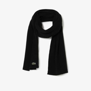 Lacoste Ribbed Wool Scarf Black | PJTF-51638