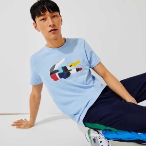 Lacoste SPORT Patchwork Crocodile Print Cotton T-Shirt Blue | POVW-72451