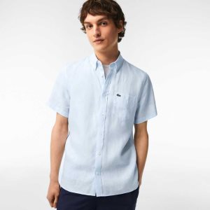 Lacoste Short Sleeve Linen Shirt Light Blue | PKNU-19875