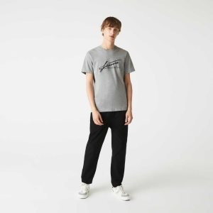 Lacoste Signature And Crocodile Print Crew Neck Cotton T-Shirt Grey Chine | NSMK-89641