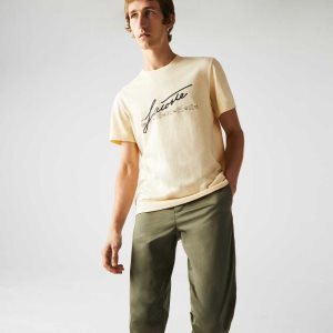 Lacoste Signature And Crocodile Print Crew Neck Cotton T-Shirt Yellow | VHRD-76912
