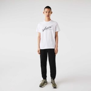 Lacoste Signature And Crocodile Print Crew Neck Cotton T-Shirt White | WDZQ-43758