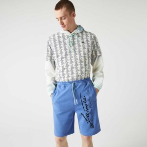 Lacoste Signature Print Cotton Fleece Shorts Blue Chine | PXBN-82790