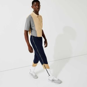 Lacoste Signature Striped Colorblock Fleece Jogging Pants Navy Blue / Beige / White | DSRI-49570