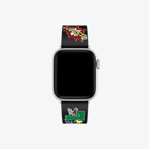 Lacoste Silicone Comic Print Apple Watch Strap Black | SDOQ-73695