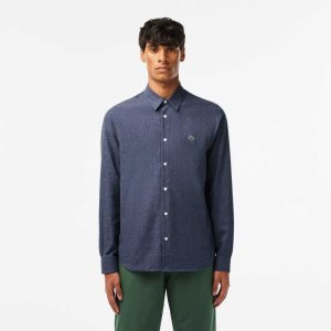 Lacoste Slim Fit Cotton Chambray Shirt Navy Blue / White | ESJZ-74358