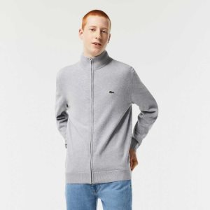 Lacoste Stand-Up Collar Organic Cotton Zippered Sweater Grey Chine | TVEU-35264