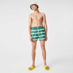 Lacoste Striped And Embroidered Light Swimming Trunks Green / White | DIEW-62795