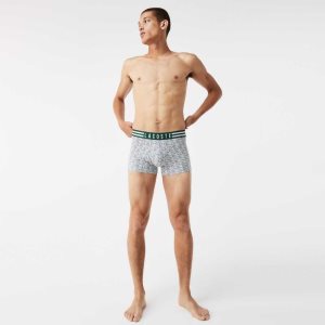Lacoste Striped Waist Stretch Cotton Trunk 3-Pack Grey Chine / White / Navy Blue | RQYC-82916