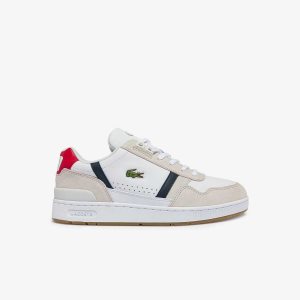 Lacoste T-Clip Tricolor Leather and Suede Sneakers Wht/Nvy/Red | WCJX-03517